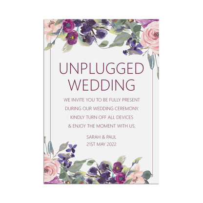 Wedding Sign - Unplugged Wedding Ceremony Sign Purple Floral Personalised A5, A4 Or A3