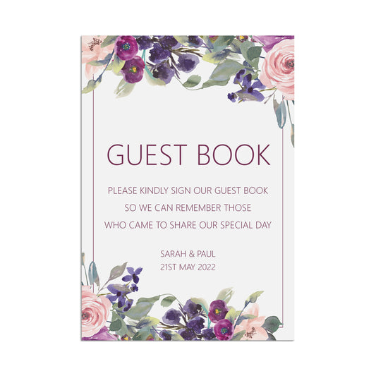 Guest Book Wedding Sign Purple Floral Personalised A5, A4 Or A3