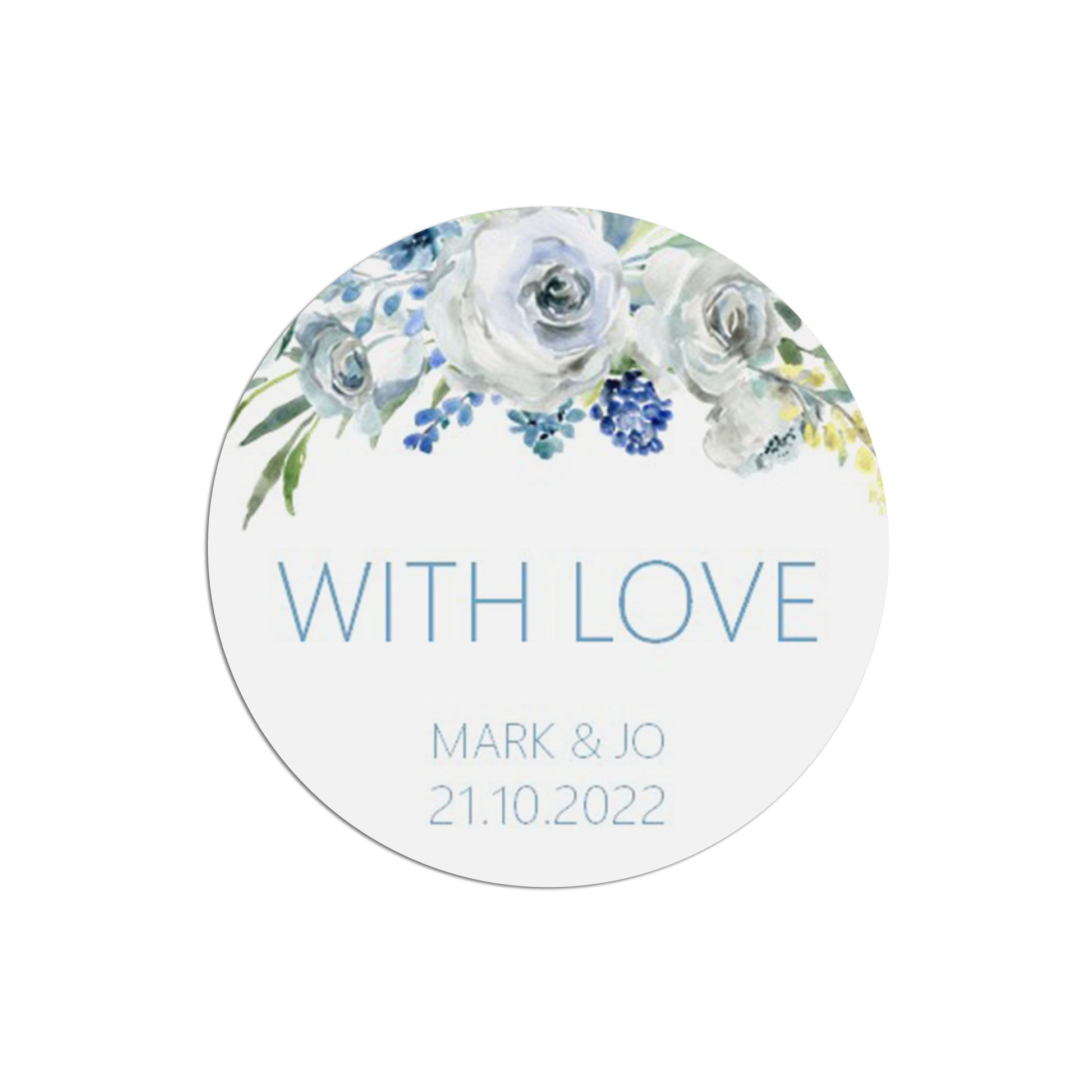 With Love Wedding Stickers, Blue Floral Effect 37mm Round Personalised x 35 Stickers Per Sheet
