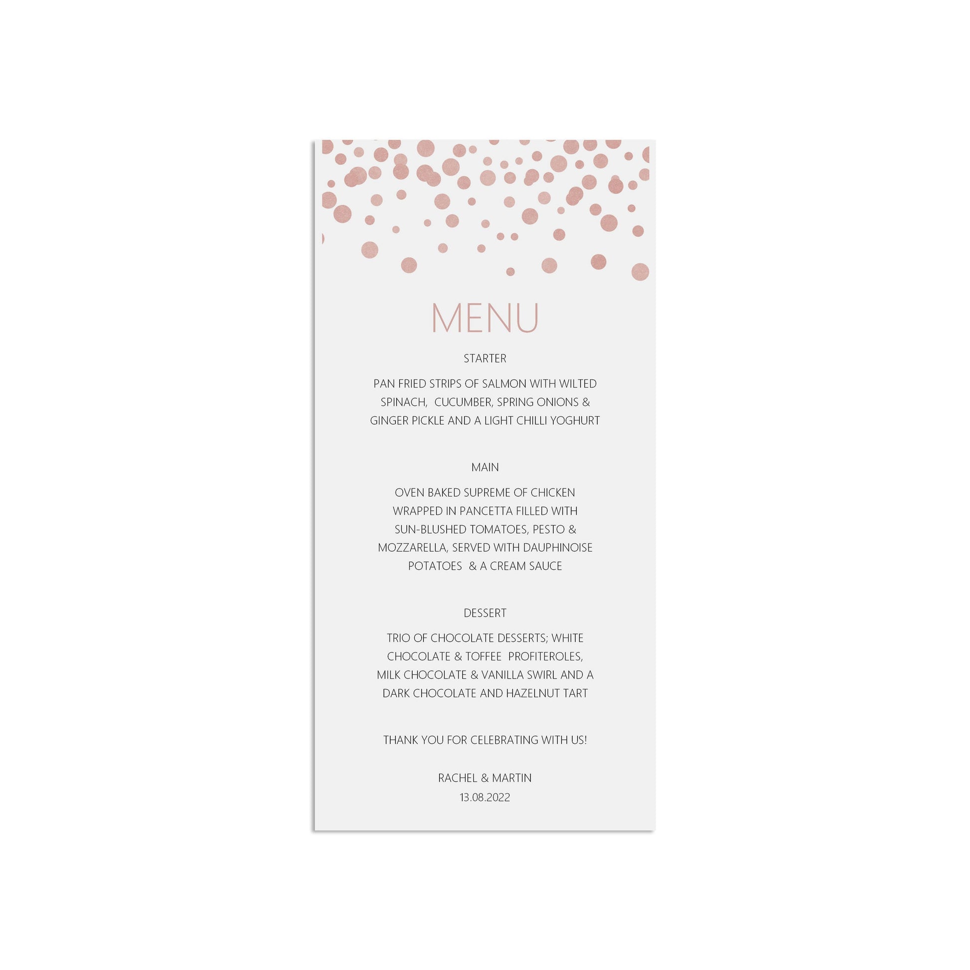 Printed Wedding Menu, Blush Confetti Menu Cards
