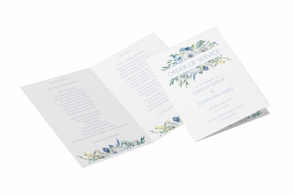 Order of Service 4, 8 Or 12 Page Booklet, Blue Floral A5 Fully Printed For Wedding Service