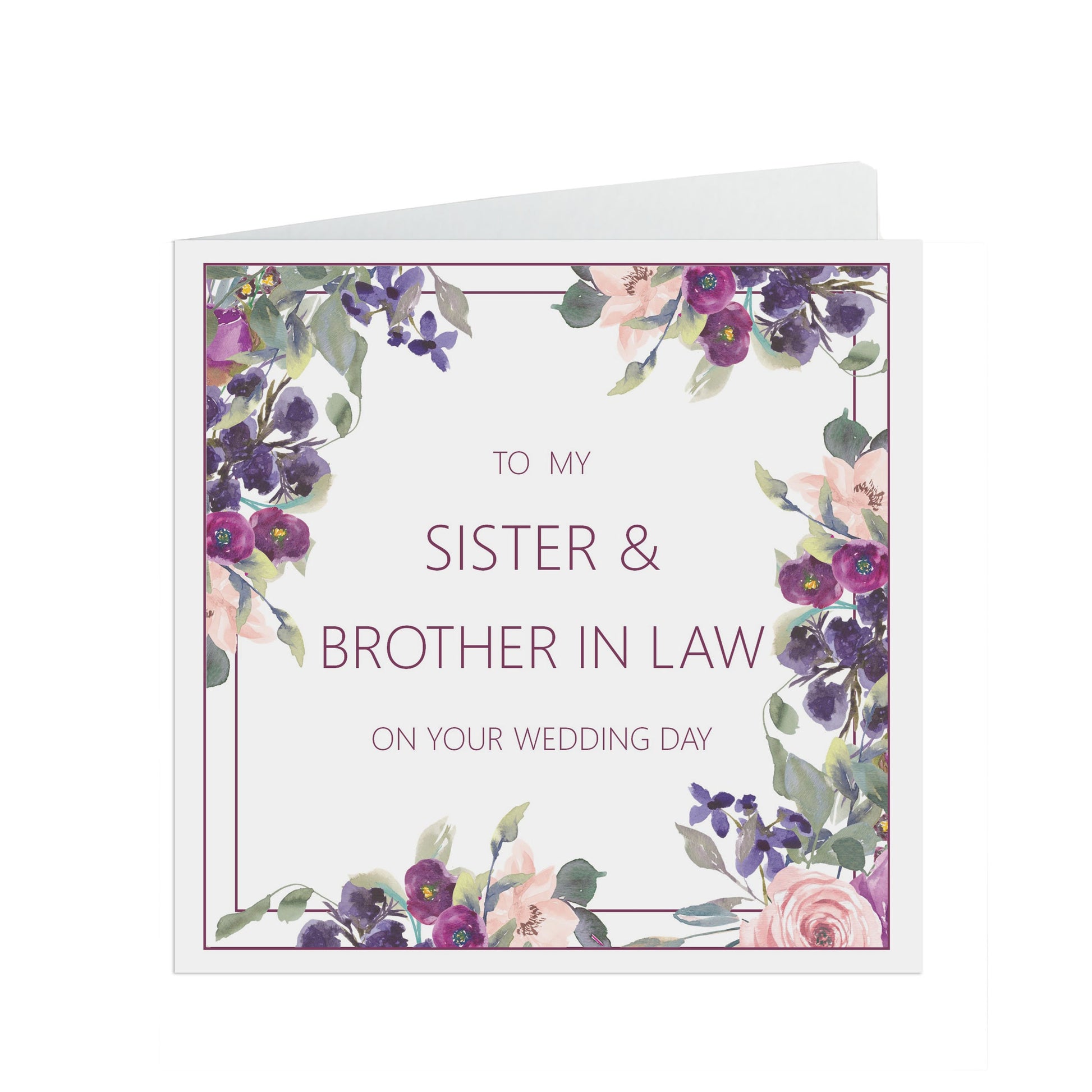 Sister & Brother In Law Wedding Day Card, Purple Floral 6x6 Inches In Size With A Kraft Envelope