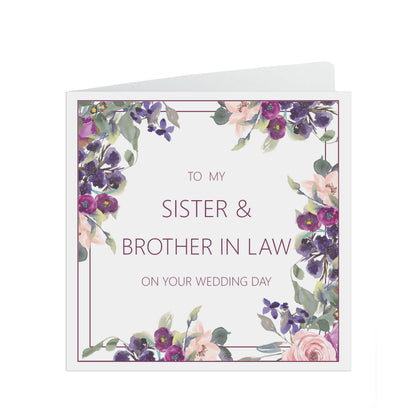 Sister & Brother In Law Wedding Day Card, Purple Floral 6x6 Inches In Size With A Kraft Envelope
