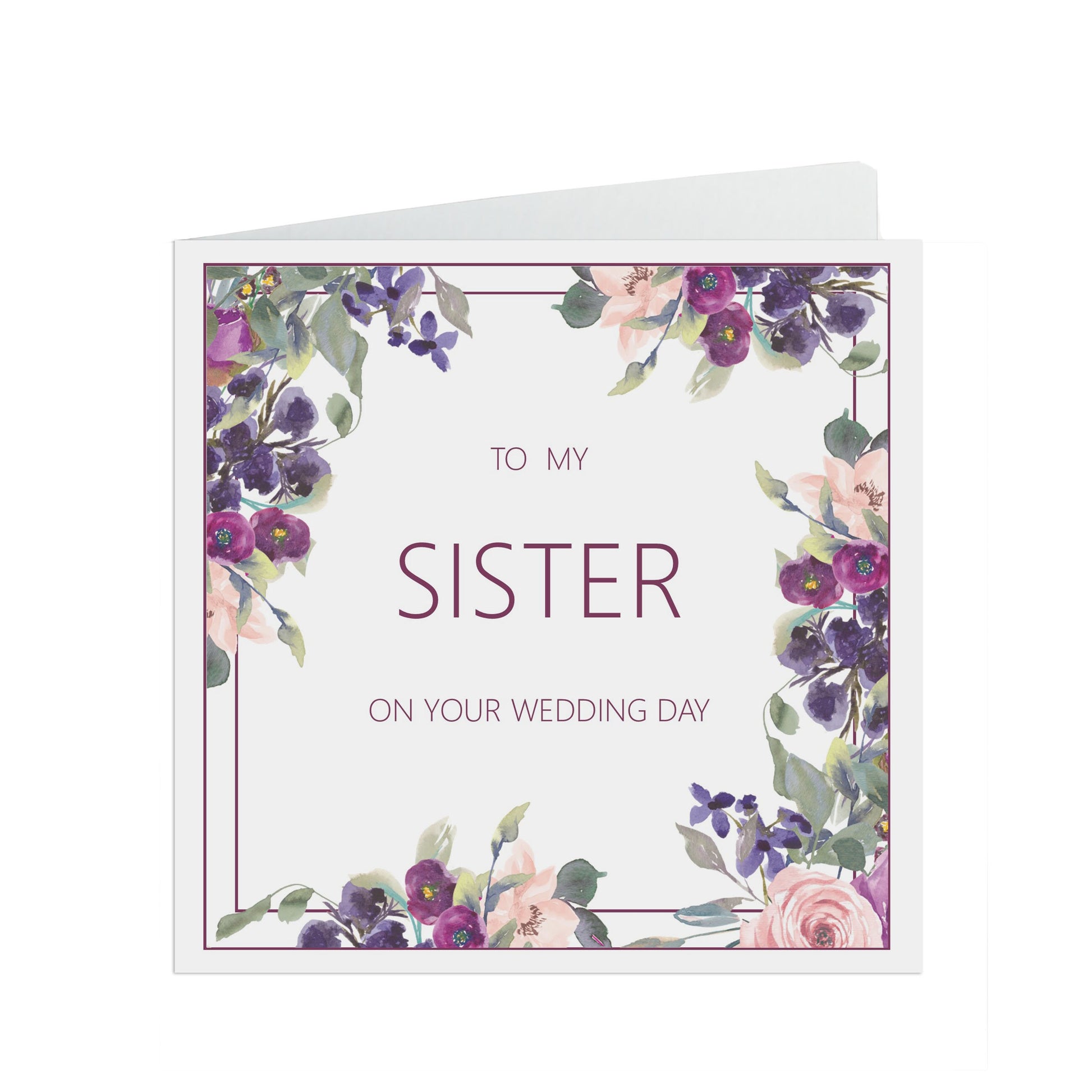 Sister Wedding Day Card, Purple Floral 6x6 Inches With A Kraft Envelope
