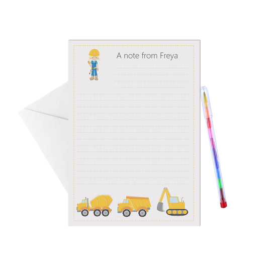 Girls Construction Personalised Letter Writing Set - A5 Pack Of 15 Sheets & Envelopes - PMPrinted