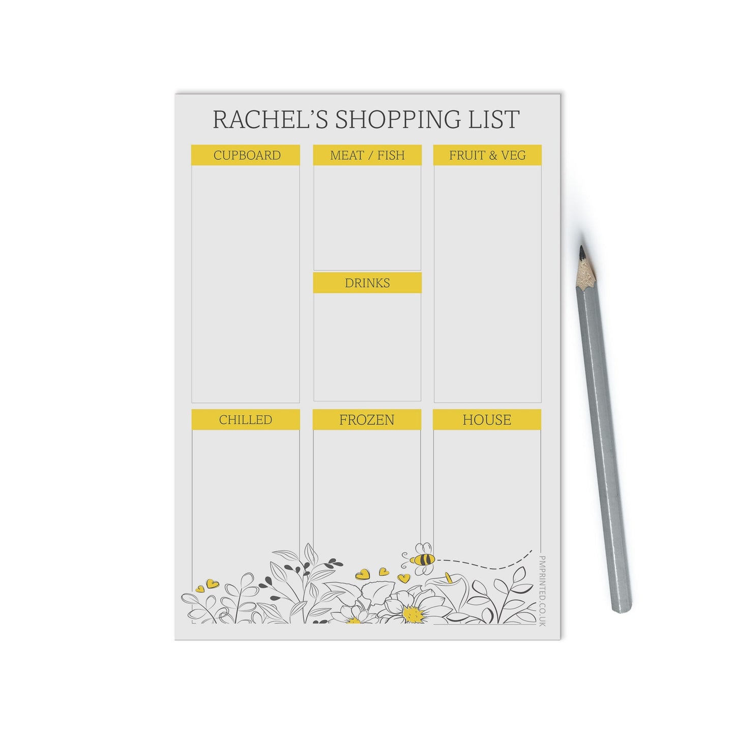 Groceries Shopping list Notepad, Personalised A5 with 50 tear off pages, Floral Design - PMPrinted