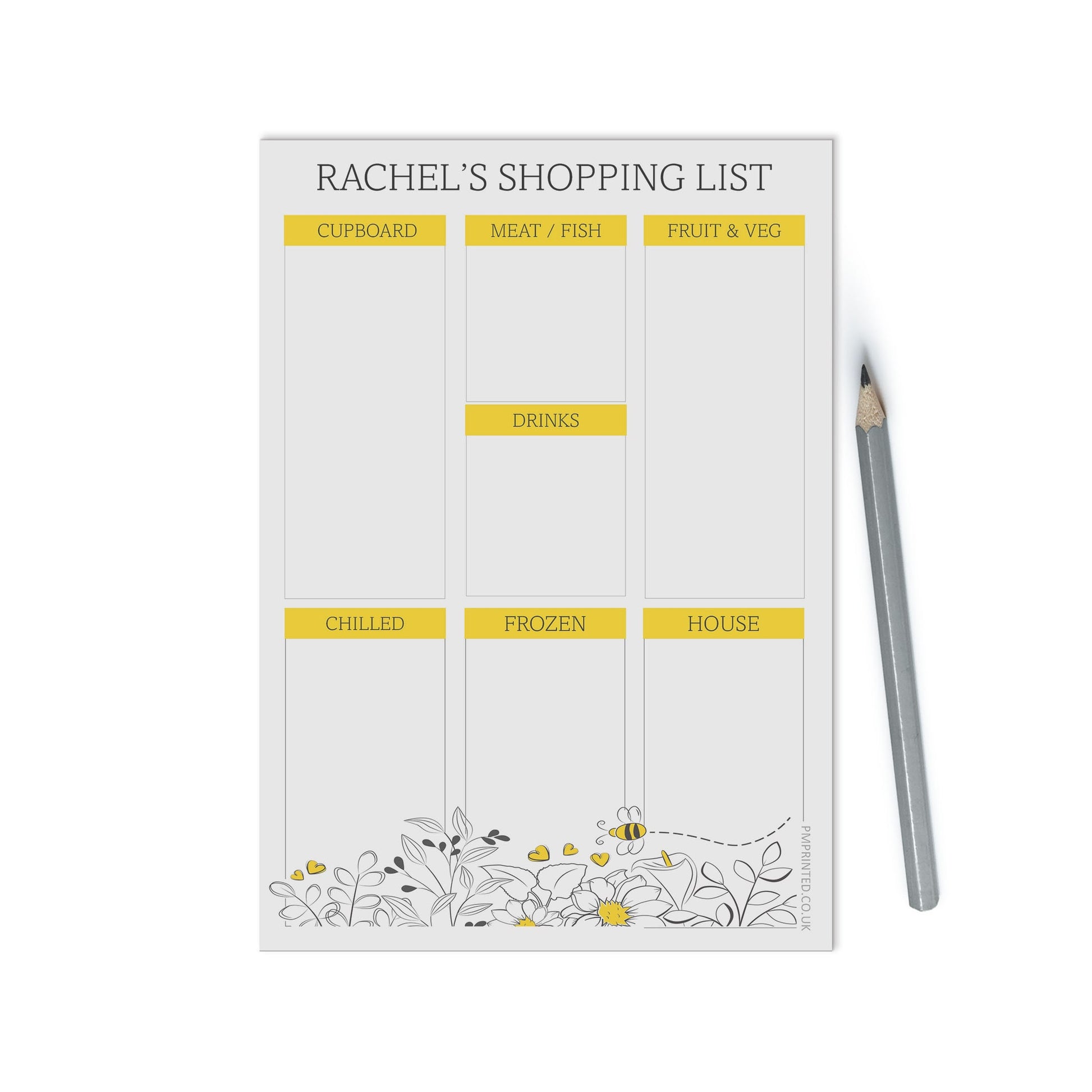 Groceries Shopping list Notepad, Personalised A5 with 50 tear off pages, Floral Design - PMPrinted