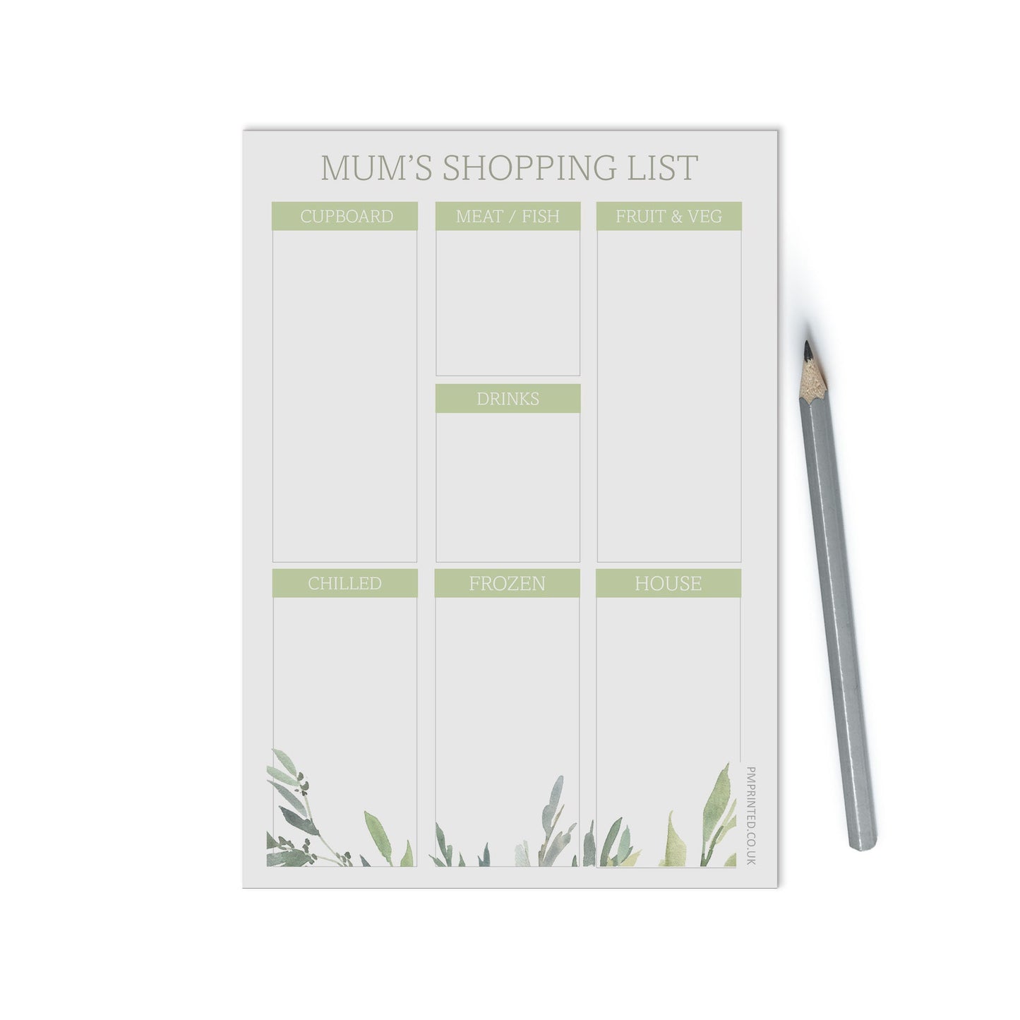 Groceries Shopping list Notepad, Personalised A5 with 50 tear off pages, Greenery Design - PMPrinted