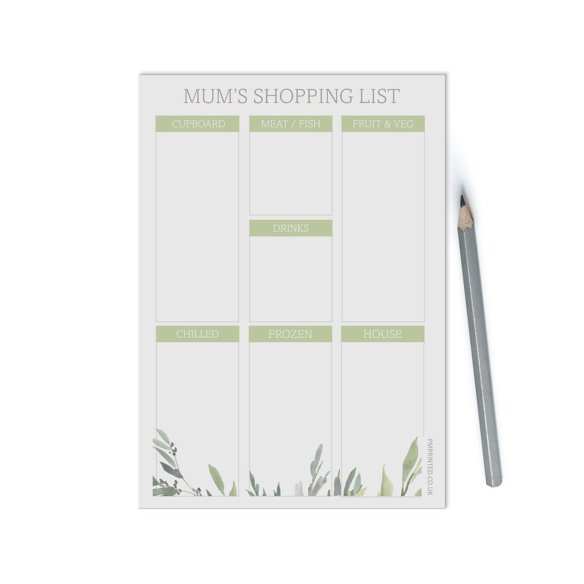 Groceries Shopping list Notepad, Personalised A5 with 50 tear off pages, Greenery Design - PMPrinted