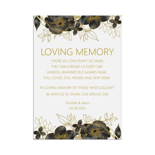 Wedding Sign - Loving Memory, Remembrance Black & Gold , Personalised Printed Sign In Sizes A5, A4 or A3