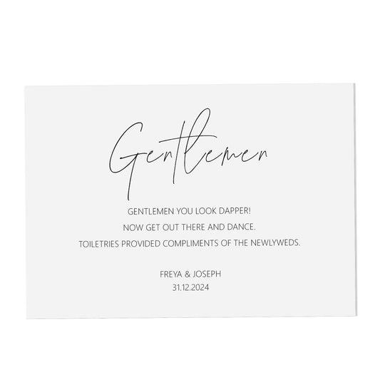 Wedding Sign - Gentlemen Toiletries , Personalised Black & White A5, A4 Or A3 Sign