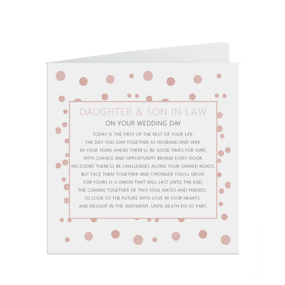 Daughter & Son In Law On Your Wedding Day Card, Rose Confetti 6x6 Inches With A White Envelope