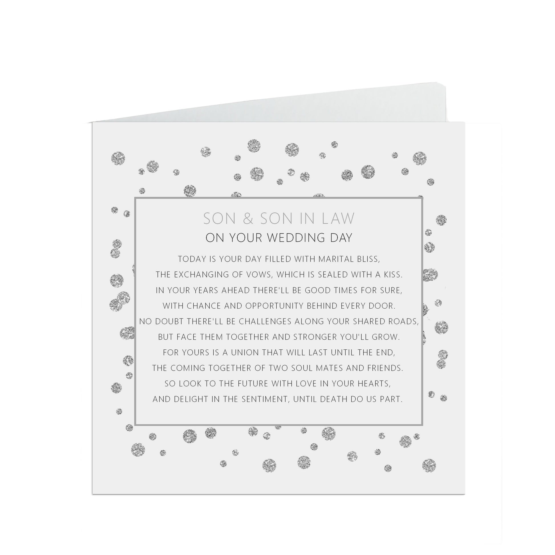 Son & Son In Law On Your Wedding Day Card, Silver 6x6 Inches With A White Envelope