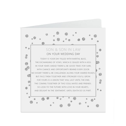Son & Son In Law On Your Wedding Day Card, Silver 6x6 Inches With A White Envelope
