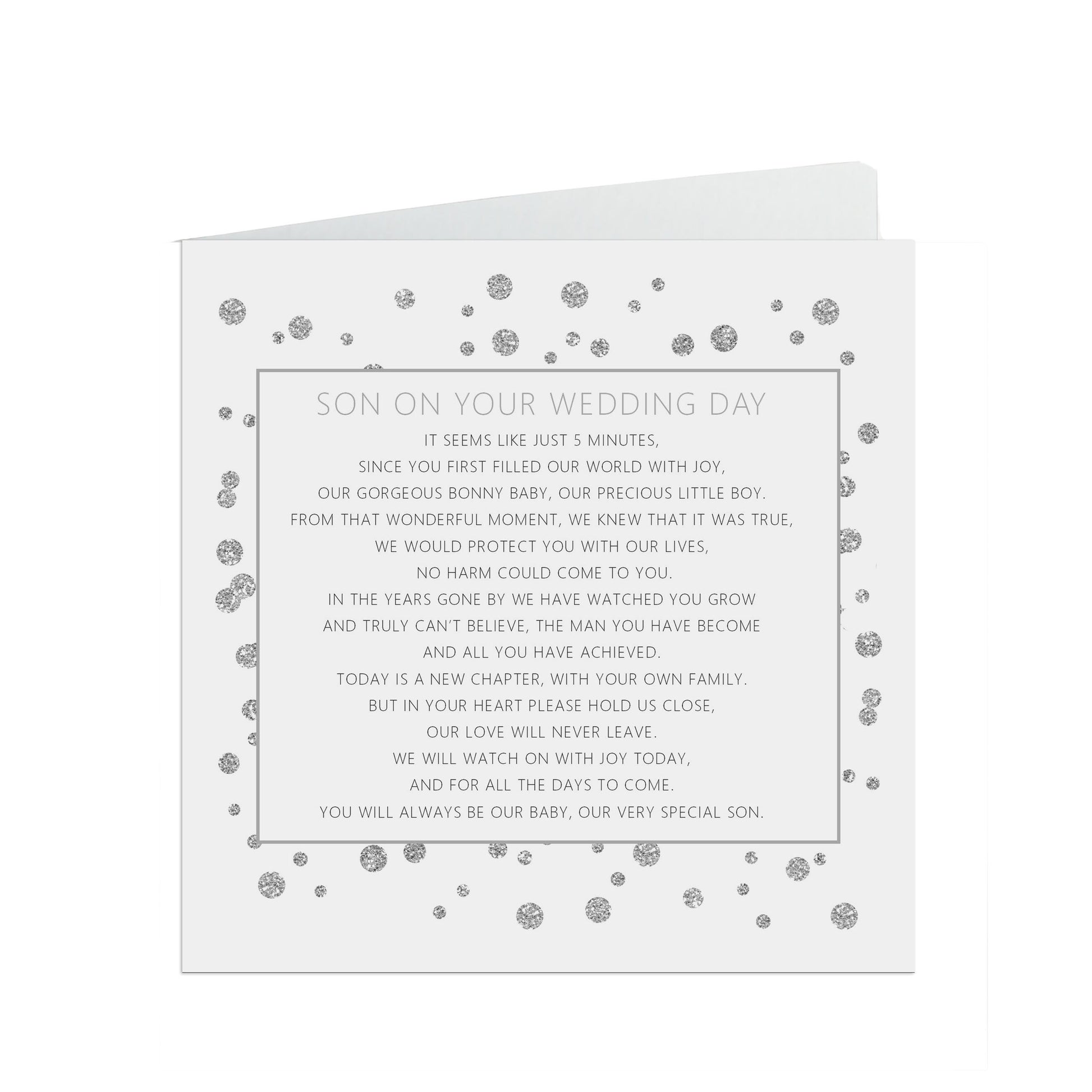 Son On Your Wedding Day Card, Silver 6x6 Inches With A White Envelope