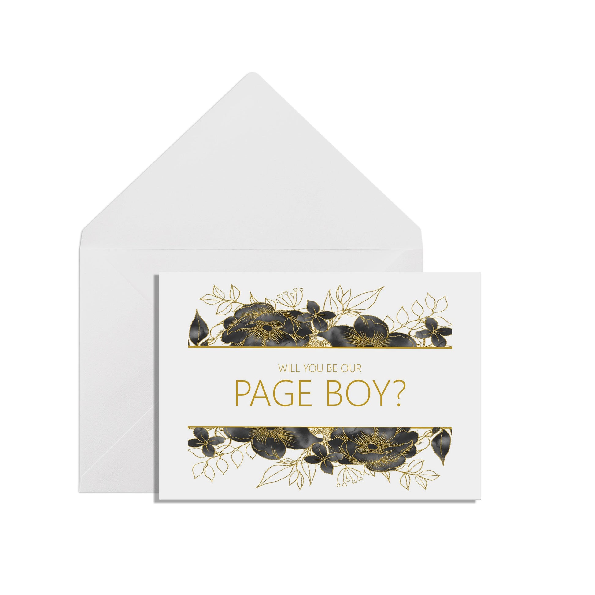 Will You Be Our Page Boy? A6 Black & Gold FloralWedding Proposal Card With A White Envelope