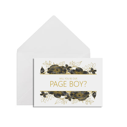 Will You Be Our Page Boy? A6 Black & Gold FloralWedding Proposal Card With A White Envelope