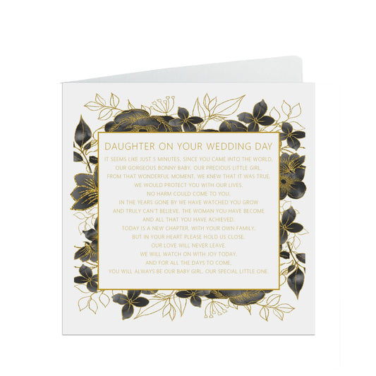 Daughter On Your Wedding Day Card, Black Floral Floral 6x6 Inches With A White Envelope