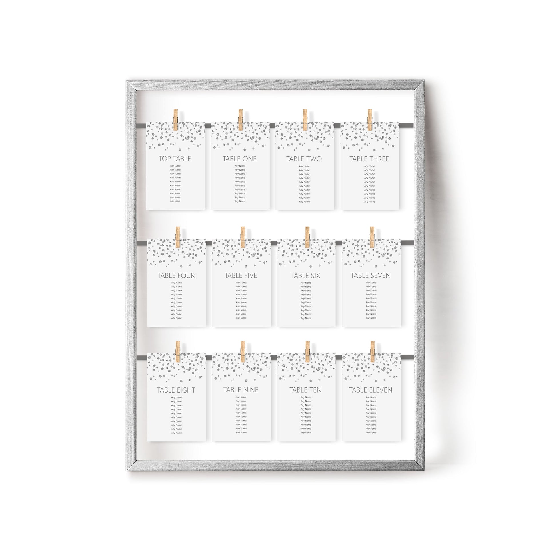 Silver Confetti Wedding Table Plan Seating Hanging Cards - 3 Sizes Available