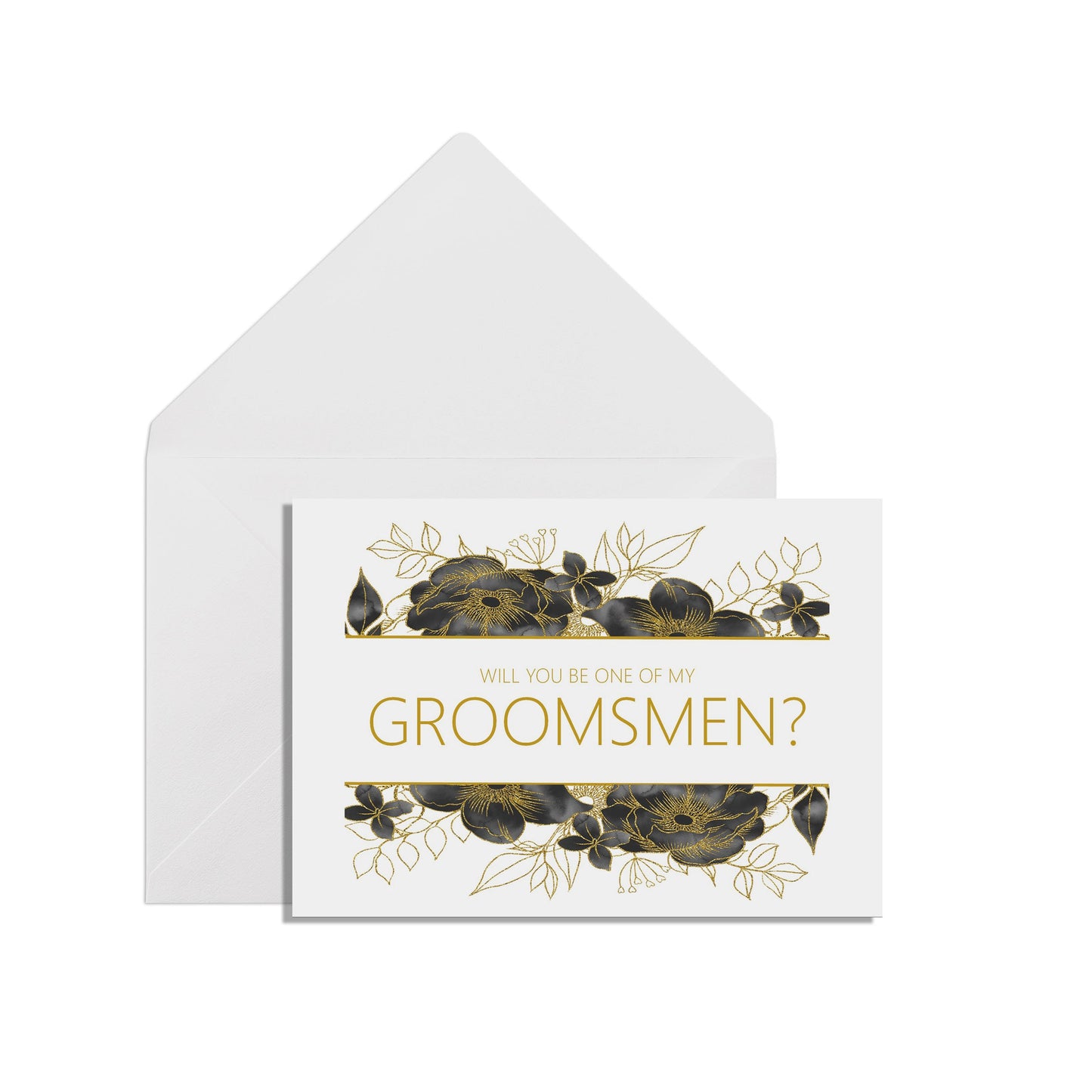 Will You Be One Of My Groomsmen? A6 Black & Gold Floral Wedding Proposal Card With A White Envelope