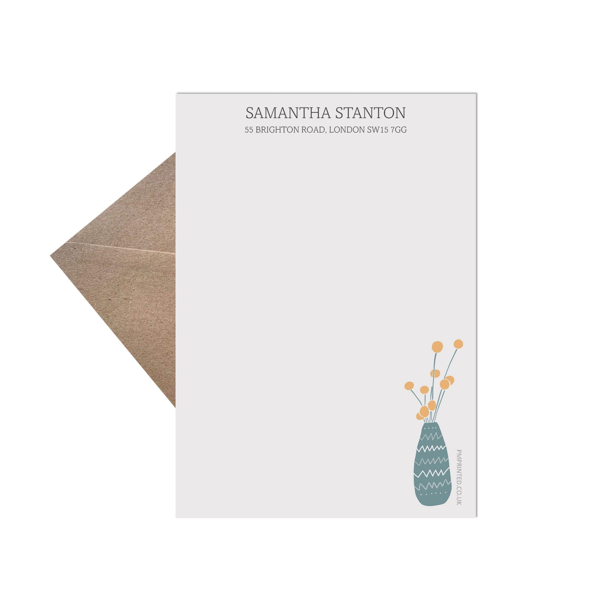 Adult Letter Writing Set, Modern Personalised Vase Of Flowers Design 20 Sheets Of Writing Paper & 20 Kraft Envelopes - PMPrinted