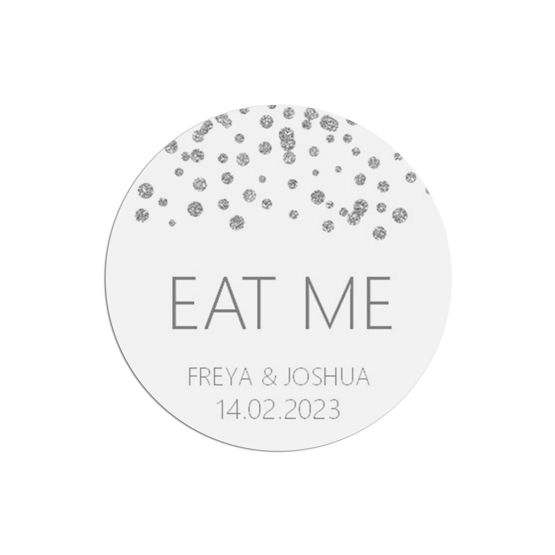 Eat Me Wedding Stickers, Silver Effect 37mm Round Personalised x 35 Stickers Per Sheet