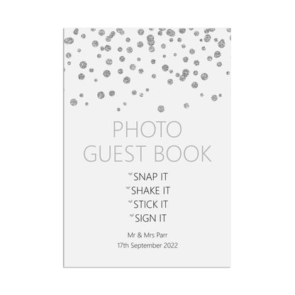 Photo Guest Book Wedding Sign, Personalised Silver Effect A5, A4 Or A3 Sign