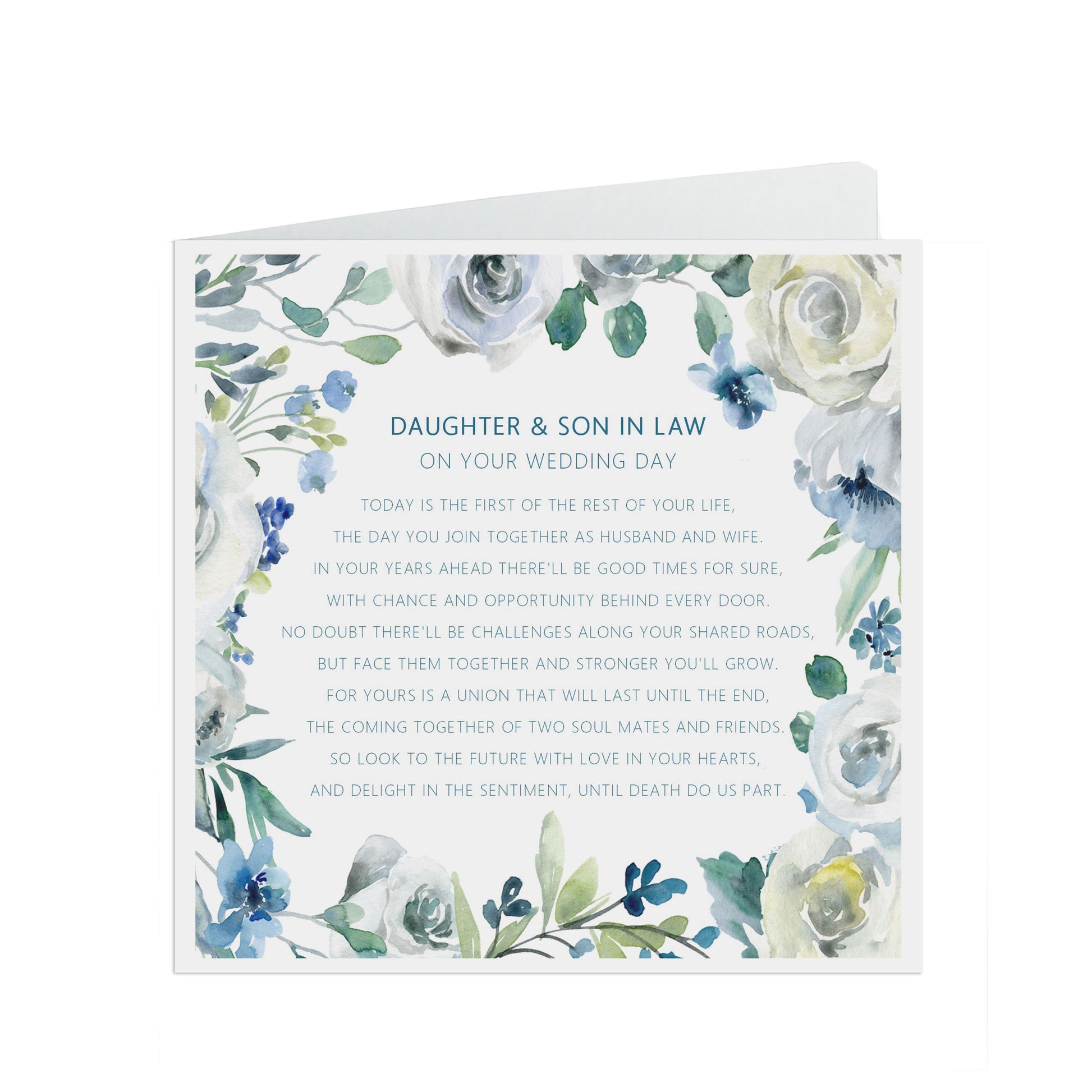 Blue Floral Daughter & Son In Law Wedding Day Card - 6x6 Inches With A Kraft Envelope