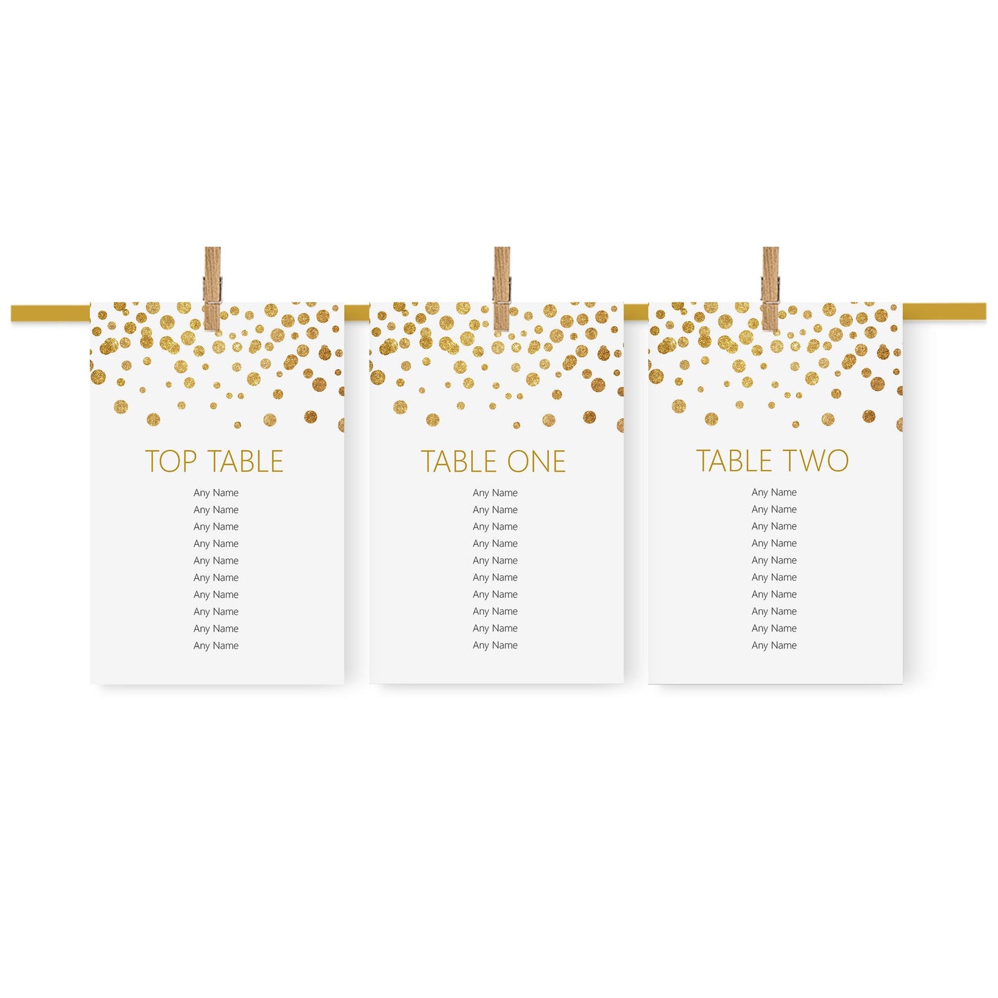 Gold Confetti Wedding Table Plan Seating Hanging Cards - 3 Sizes Available