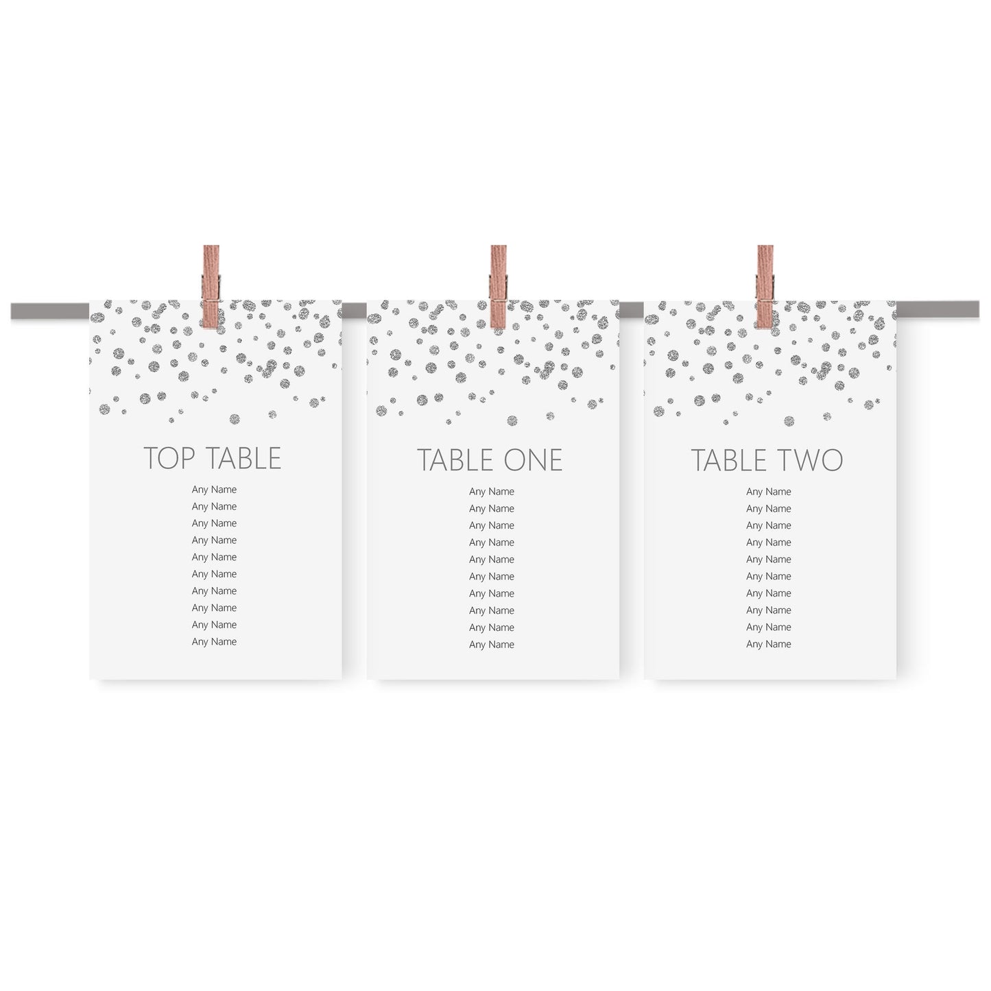 Silver Confetti Wedding Table Plan Seating Hanging Cards - 3 Sizes Available