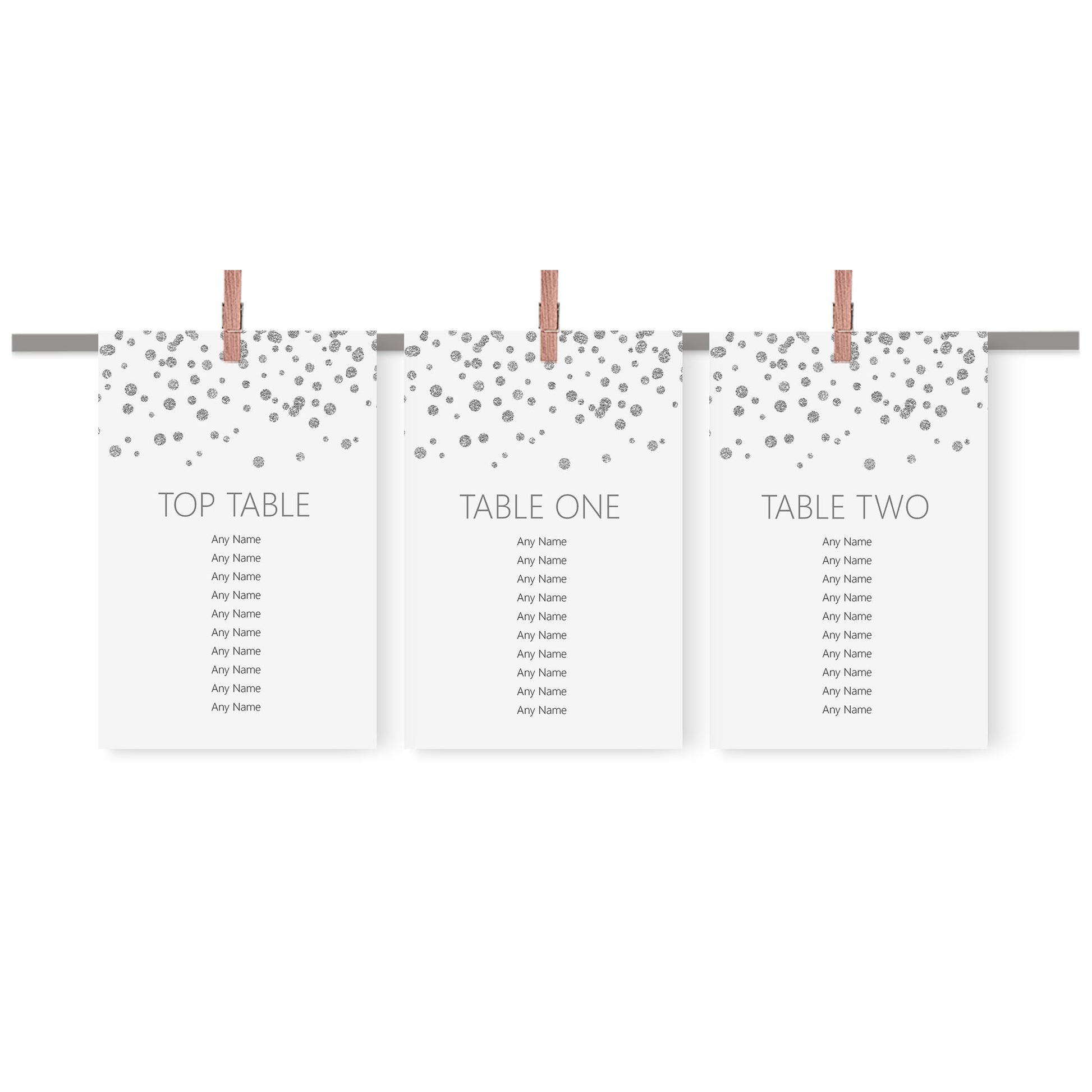 Silver Confetti Wedding Table Plan Seating Hanging Cards - 3 Sizes Available