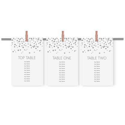 Silver Confetti Wedding Table Plan Seating Hanging Cards - 3 Sizes Available