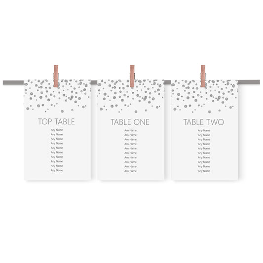 Silver Confetti Wedding Table Plan Seating Hanging Cards - 3 Sizes Available
