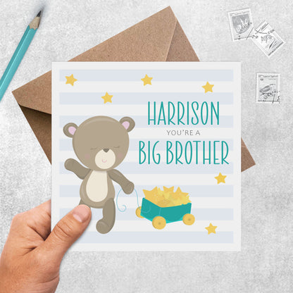 Big Brother New Baby Card - Personalised New Baby Card Teddy with Star Trolley