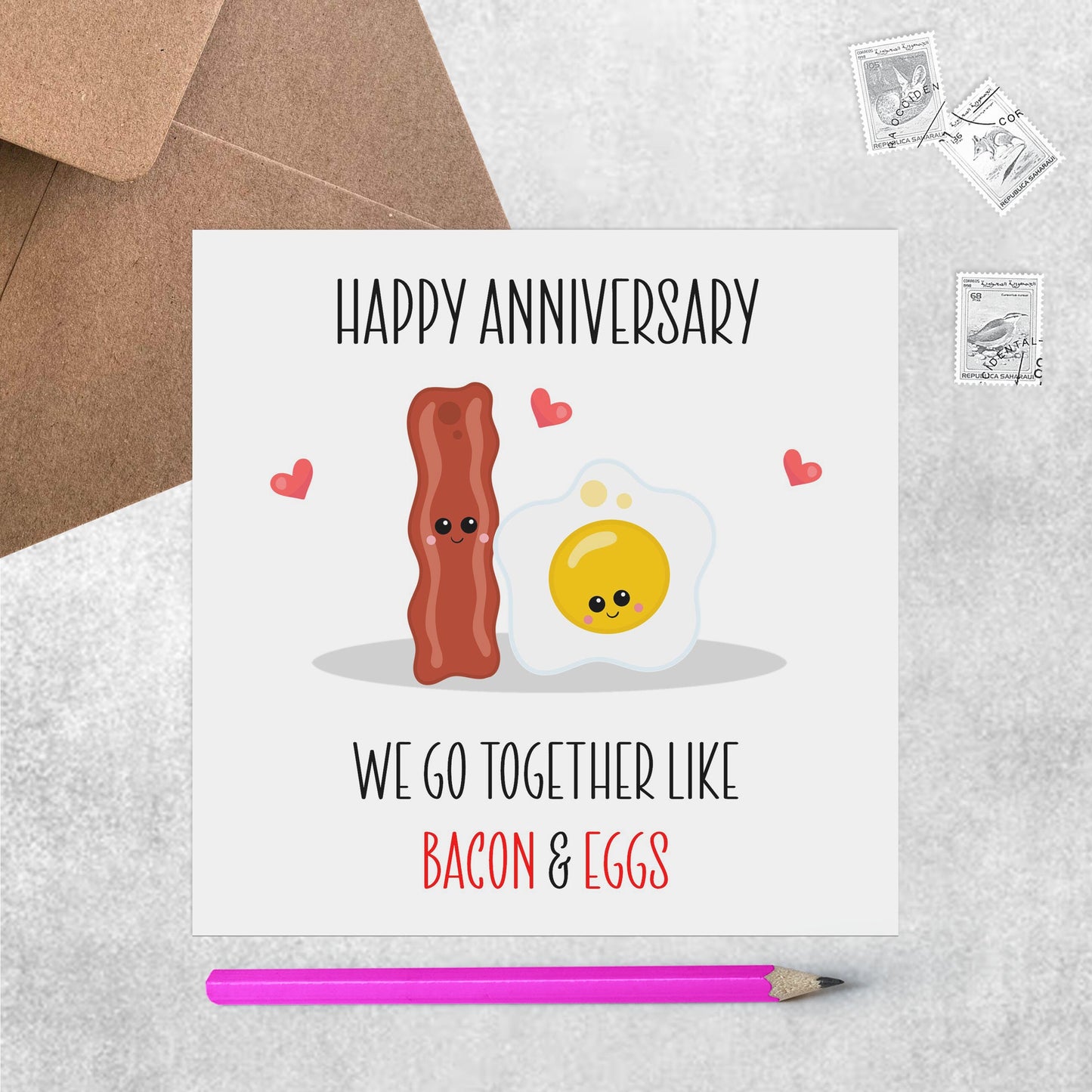 Anniversary Pun Card, We Go Together Like Eggs And Bacon