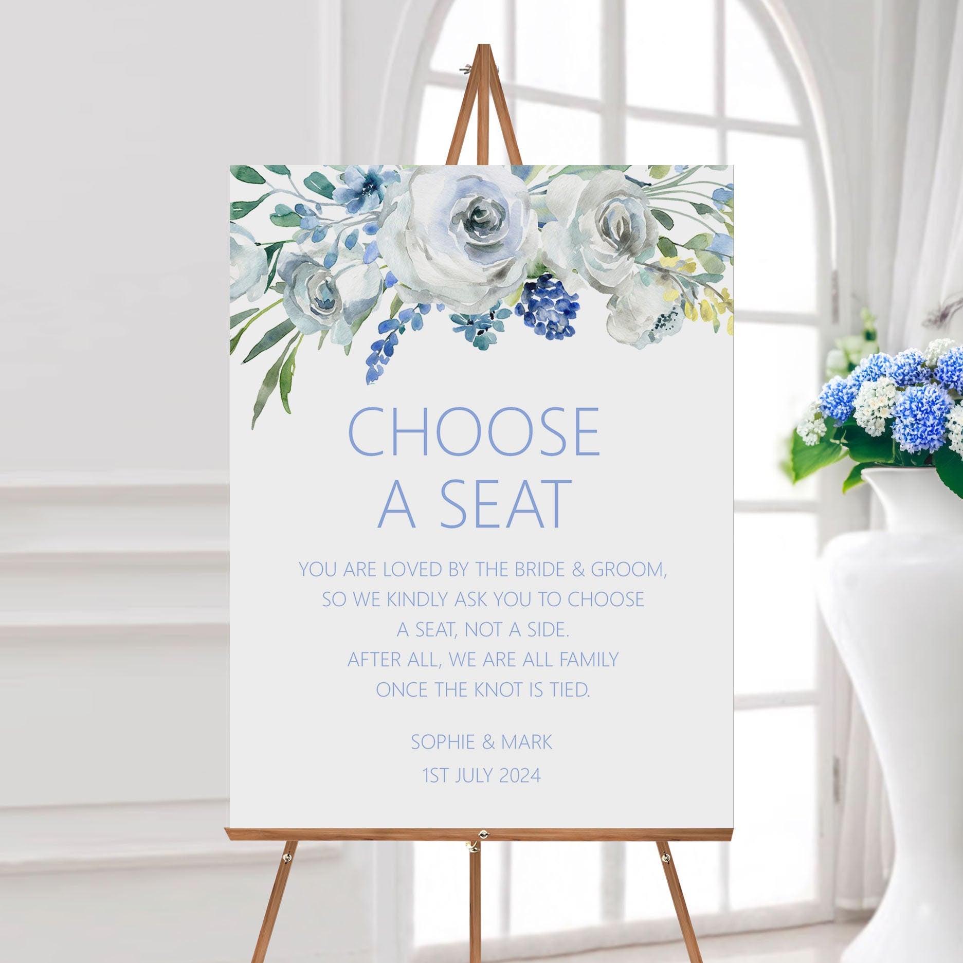 Choose A Seat Not A Side Wedding Ceremony Sign - Blue Floral