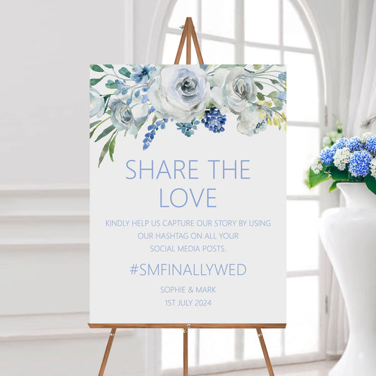 Social Media Hashtag Wedding Sign - Blue Floral