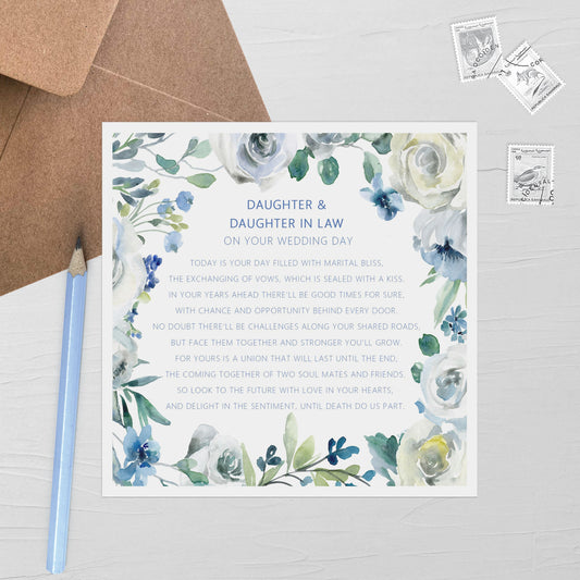Daughter & Daughter In Law On Your Wedding Day Card - Blue Floral