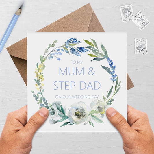 Mum and Step Dad Wedding Day Card, Blue Floral 6x6 Inch Card With Kraft Envelope