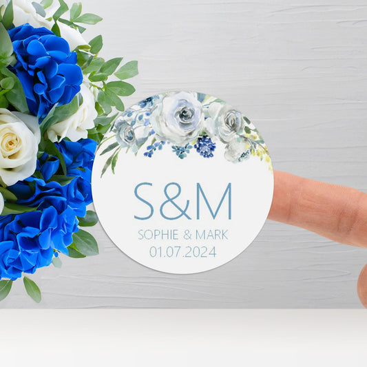 Monogram Initial Wedding Stickers - Blue Floral