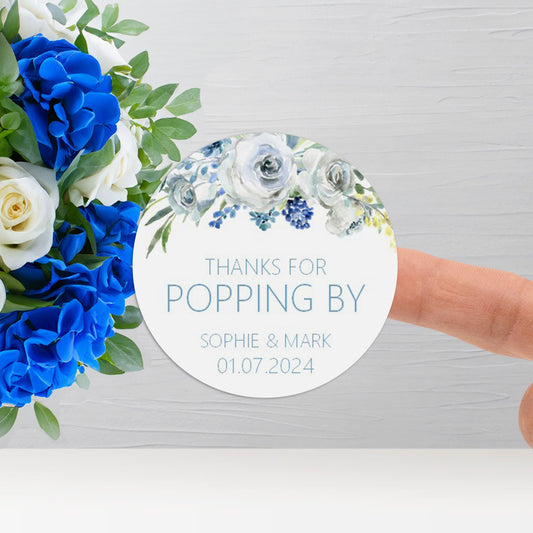 Thanks For Popping By Wedding Stickers - Blue Floral