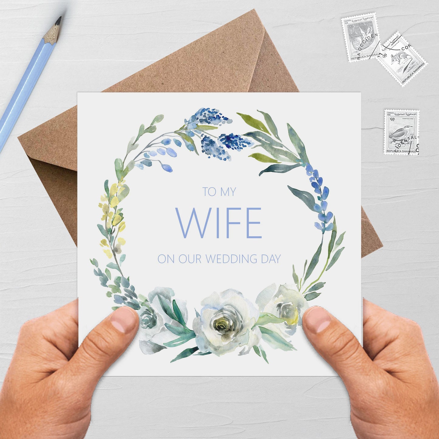 Wife Wedding Day Card - Blue Floral