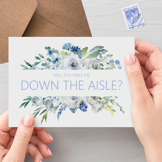 Will You Walk You Down The Aisle? Blue Floral Wedding Proposal Card A6 With Kraft Envelope