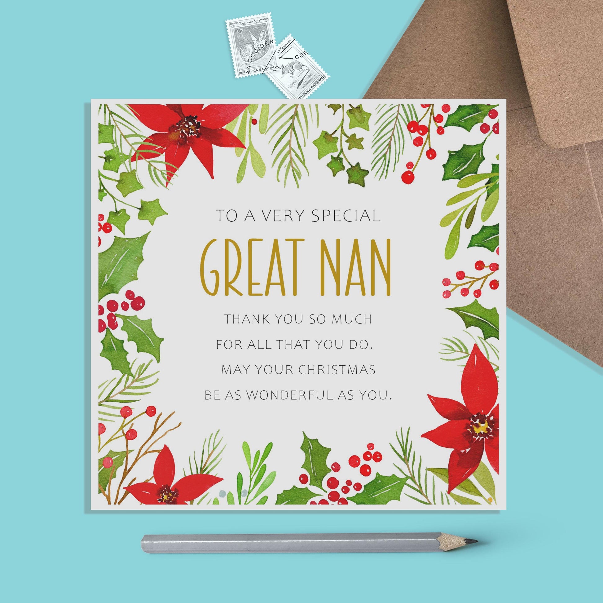Great Nan Christmas Card, Traditional Poinsettia Design - PMPrinted