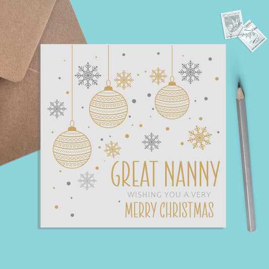 Great Nanny Christmas Card, Gold Bauble Design - PMPrinted