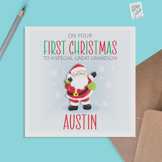 Great Grandson 1st Christmas Card - Personalised Santa First Christmas Keepsake - PMPrinted