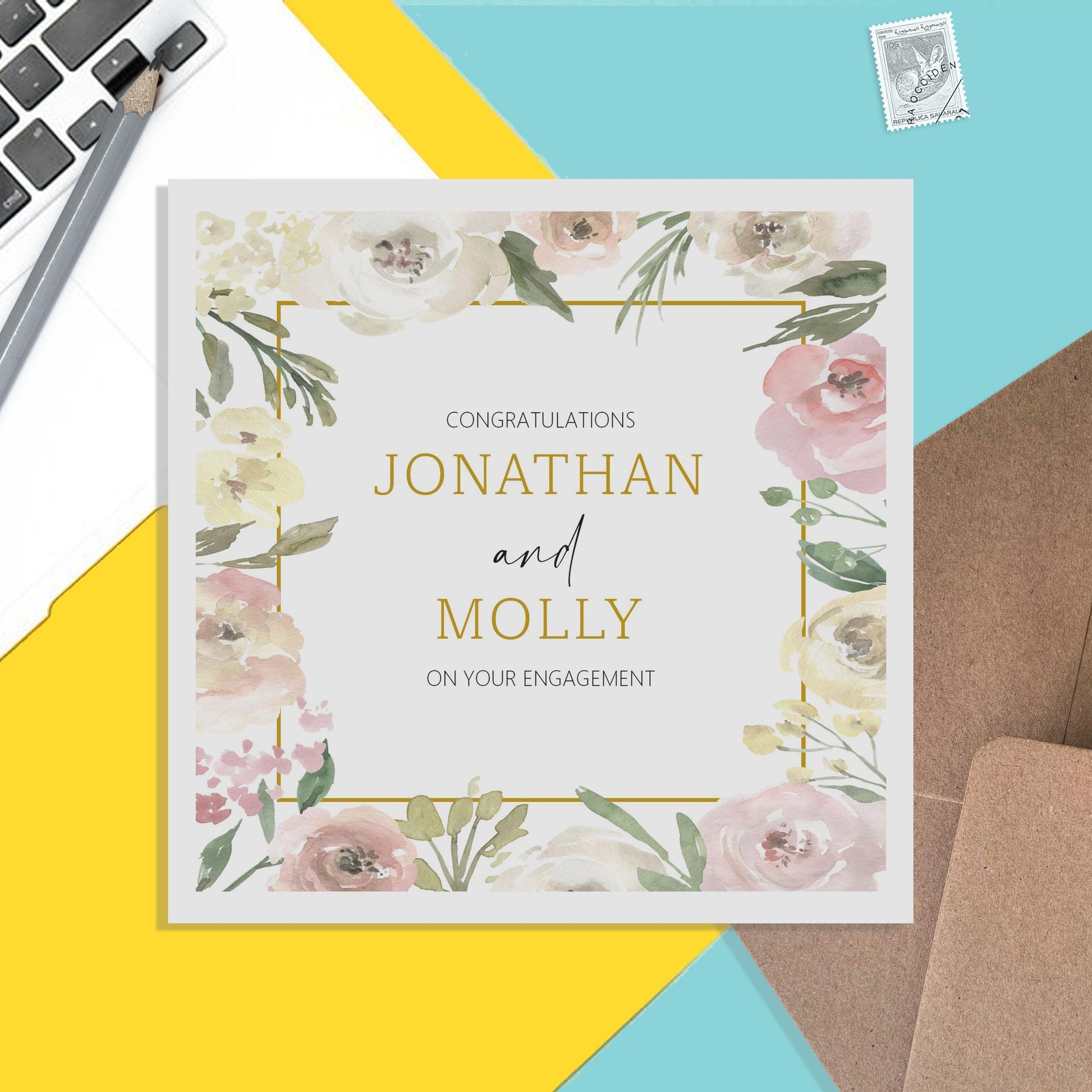Engagment Card - Personalised Keepsake Card With Names - Blush Floral Design - PMPrinted