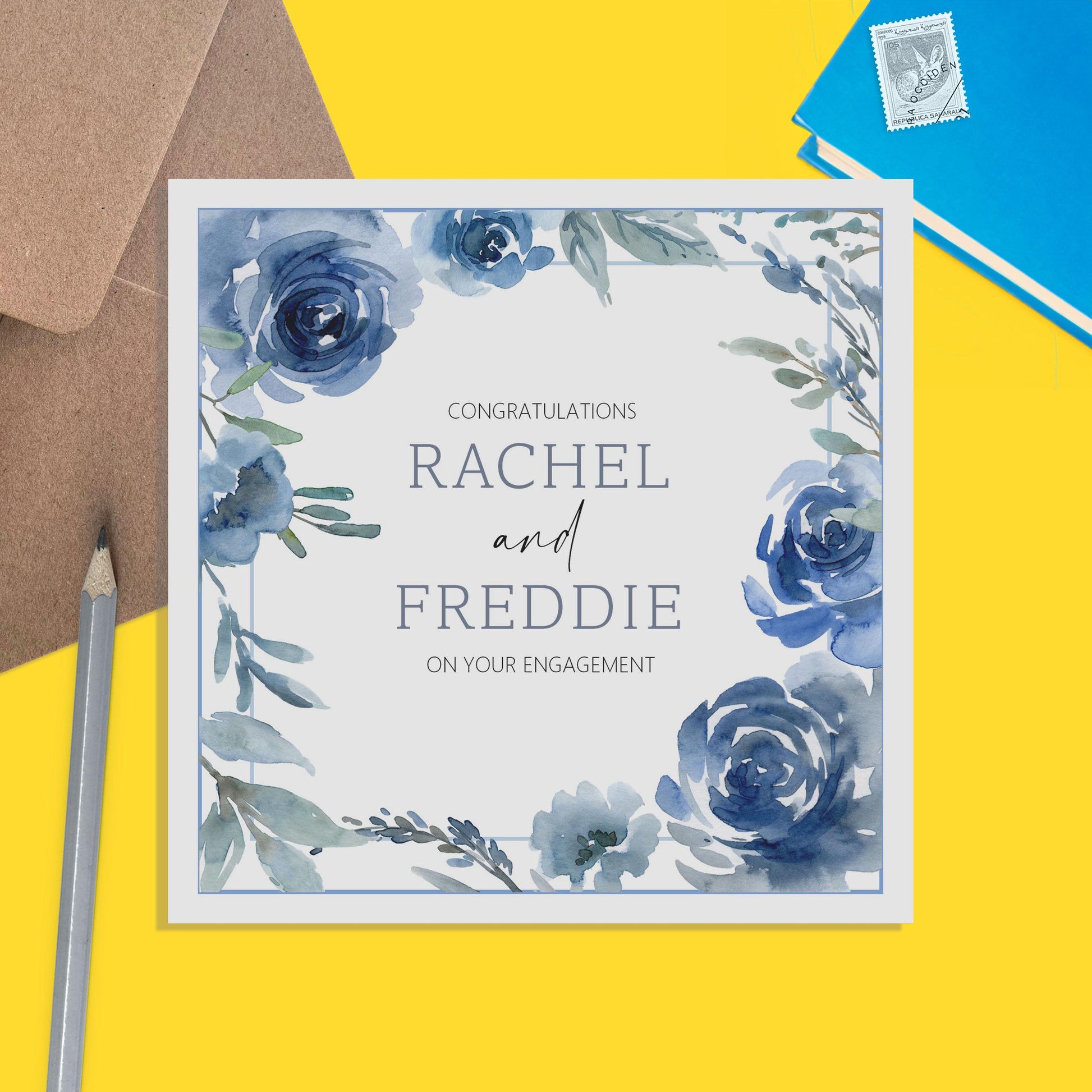 Engagment Card - Personalised Keepsake Card With Names - Blue Floral Design - PMPrinted