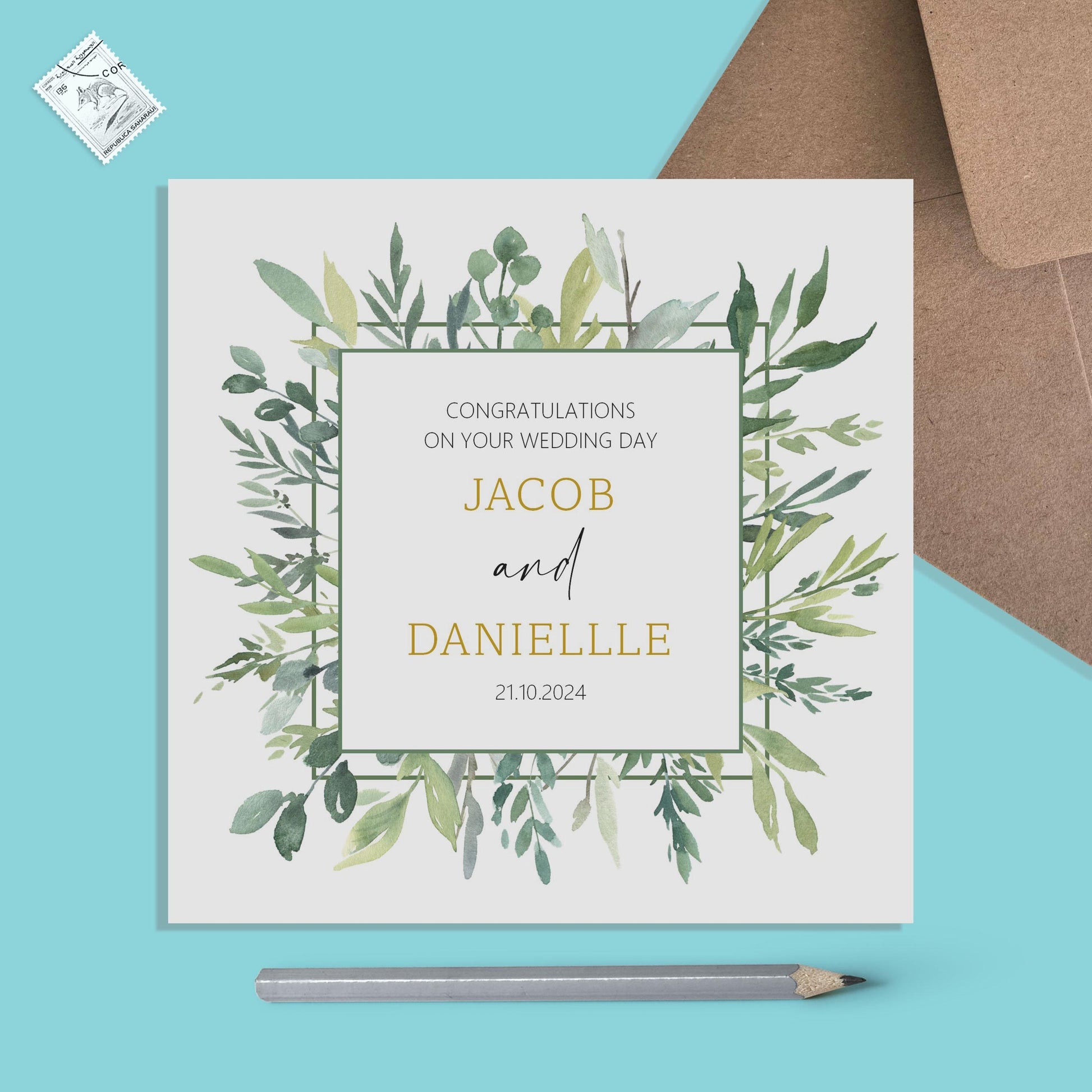 Personalised Wedding Day Card - Personalised With Names & Wedding Date, Greenery Design - PMPrinted