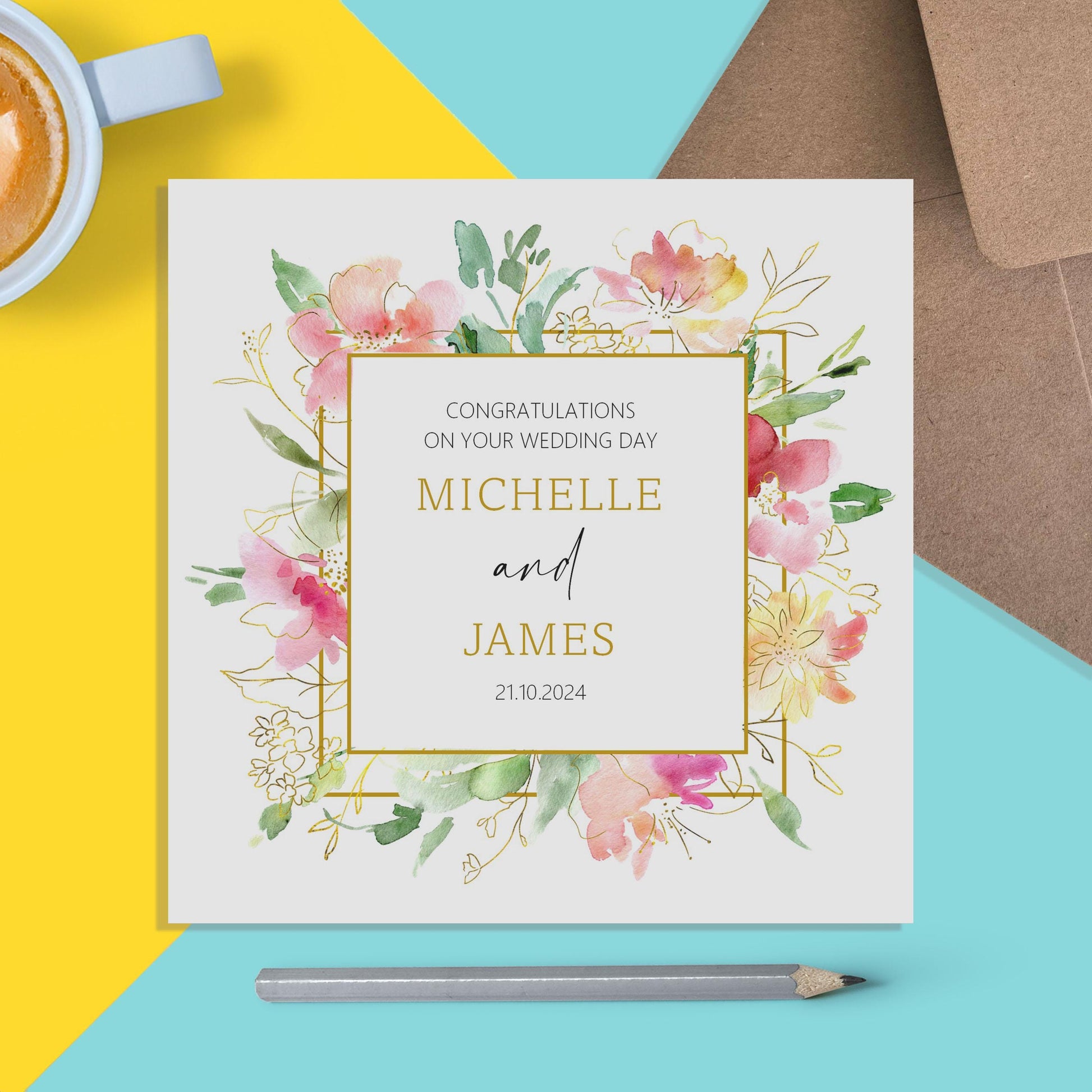 Personalised Wedding Day Card - Personalised With Names & Wedding Date, Pink Gold Floral Design - PMPrinted